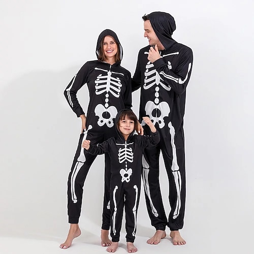 Totenkopf-Skelett-Kostüm für Paare, Kigurumi-Pyjamas, Halloween-Gruppen- und Familienkostüme, Unisex-Party- und Heimkleidung für Kinder und Erwachsene, Halloween-Karneval, einfache Halloween-Kostüme Image