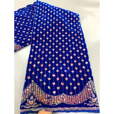 Royal Blue African Velvet Sequins Lace Fabric 2024 Hight Quality Nigerian Luxury Beaded Lace Fabric