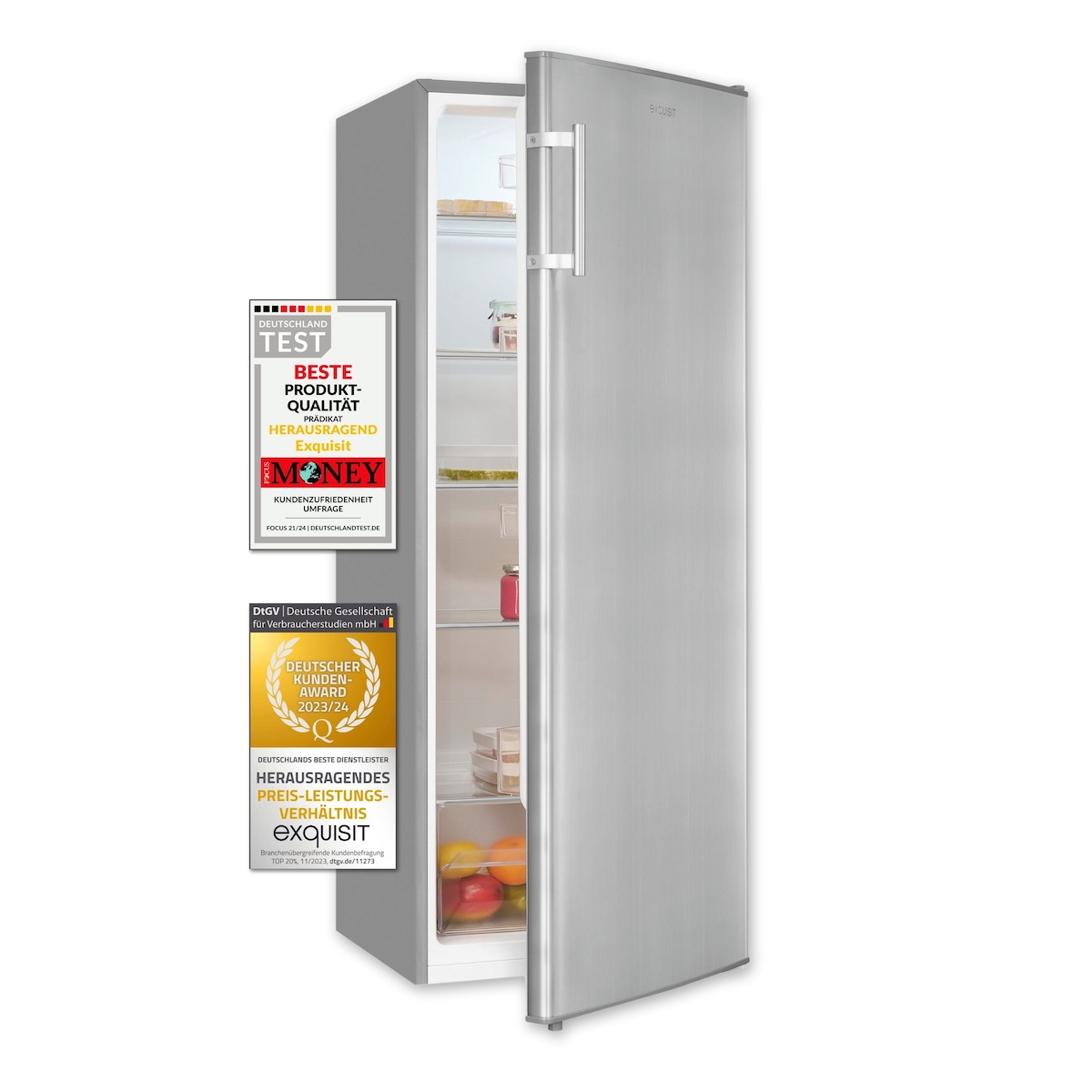 Exquisit Vollraumkühlschrank KS320-V-H-040D inoxlook | Nutzinhalt: 242 L | 5 Glasablagen | LED-Beleuchtung | Ohne Gefrierfach Image