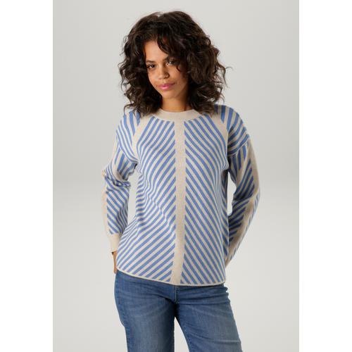 Strickpullover ANISTON CASUAL Gr. 34, blau (beige-blau) Damen Pullover im extravagantem Streifen-Dessin