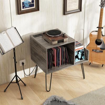 Mid-century Record Player Stand with Power Outlet and Vinyl Divider - 26" x 18" x 27" (L x W x H)