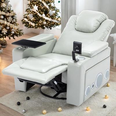 270 Degree Swivel PU Leather Power Recliner Home Theater Recliner with Surround Sound, Cup Holder, Removable Tray Table