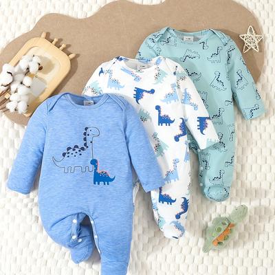 TEMU 3pcs Newborn Baby's Adorable Dinosaur Print Long Sleeve Footie, Toddler & Infant Boy's Comfy Footed Romper For Spring Fall