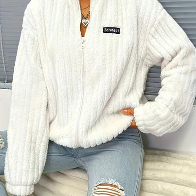 TEMU Women's Elegant White Fleece Zip-up Jacket - Cozy Long Sleeve Outerwear With Ribbed Cuffs, Machine Washable, Casual Winter Image