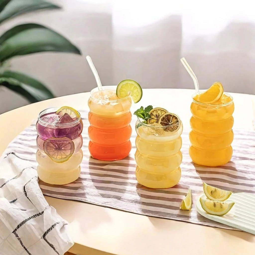 1/2/4 stücke Trinkgläser mit Glas Stroh Wellenform Glas becher Biergläser Eis kaffee Becher Tasse 350ml Tasse Kaffee Trink geschirr Image