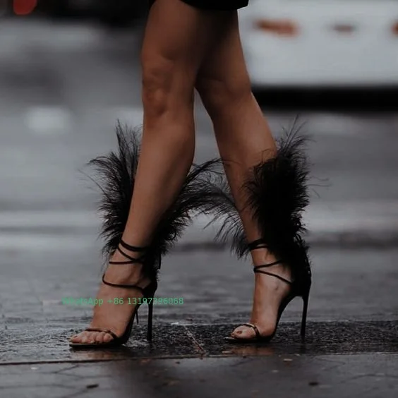Dame pelz sexy schwarz feder design lace up high heels offene spitze T zeigen sandalen solide elegante pumpen bankett schuhe party schuhe