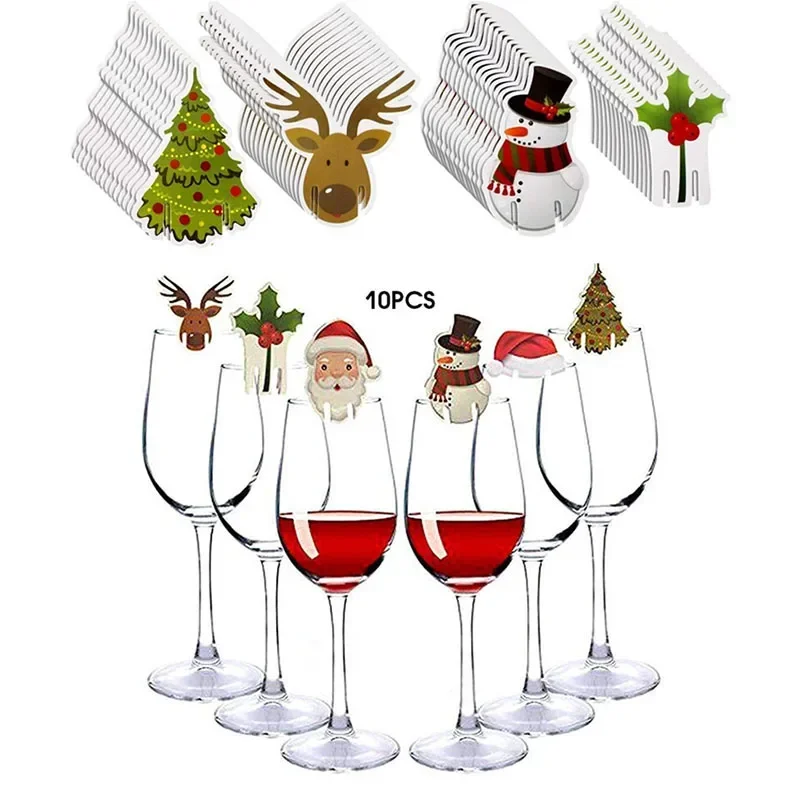 10 pièce/ensemble tasse à vin carte décor de noël chapeau de père noël décor en verre arbre de noël bonhomme de neige décoration de la maison décor 2025 accessoires du nouvel an