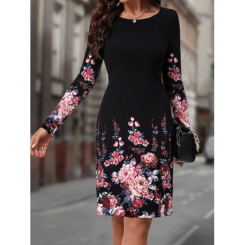 Damen Maxikleid Sweatshirt-Kleid Winterkleid Corsagenkleider Etui-Kleid Elegant Stilvoll Lässig Täglich Urlaub Normale Passform Blumen Langarm Rundhalsausschnitt Blau Rosa Orange Sommer Herbst Winter Image