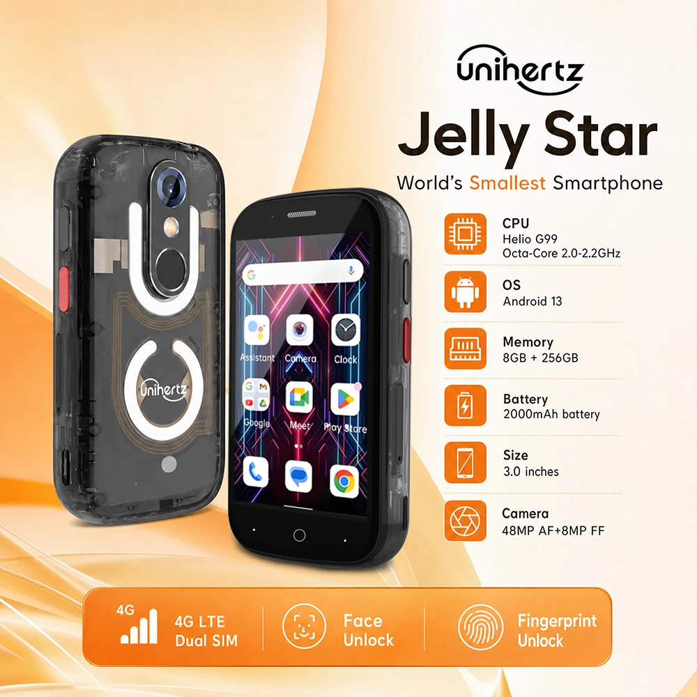 Unihertz Jelly Star Mini Smartphone Android 13 8GB 256GB Led Light Unlocked Transparent Backshell Cellphones 48MP Portable Phone