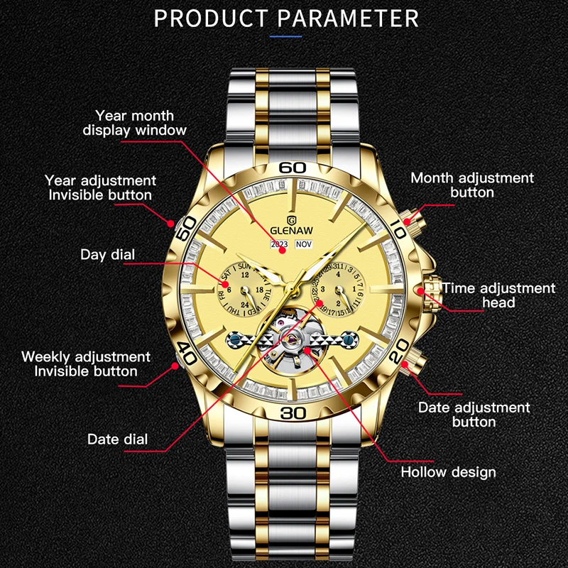 Glenaw Herren uhr Business multifunktion ale wasserdichte Kalender klassische Uhr Luxus automatische mechanische Skelett Herren uhr Image