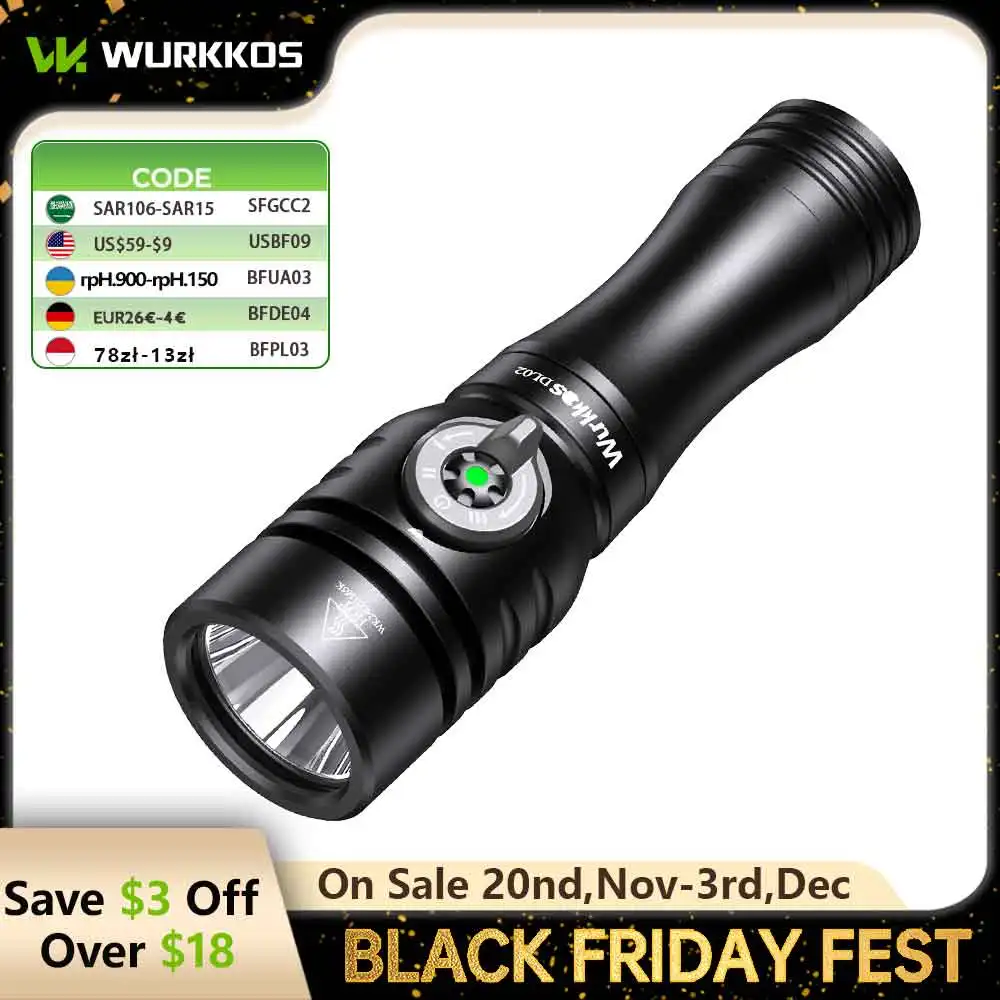 Wurkkos DL02 Professionelle Tauchtaschenlampe, 3000 lm, Arbeitsleuchte, 21700 Batterielampe, Unterwasserlaterne mit rotierendem Magnetschalter