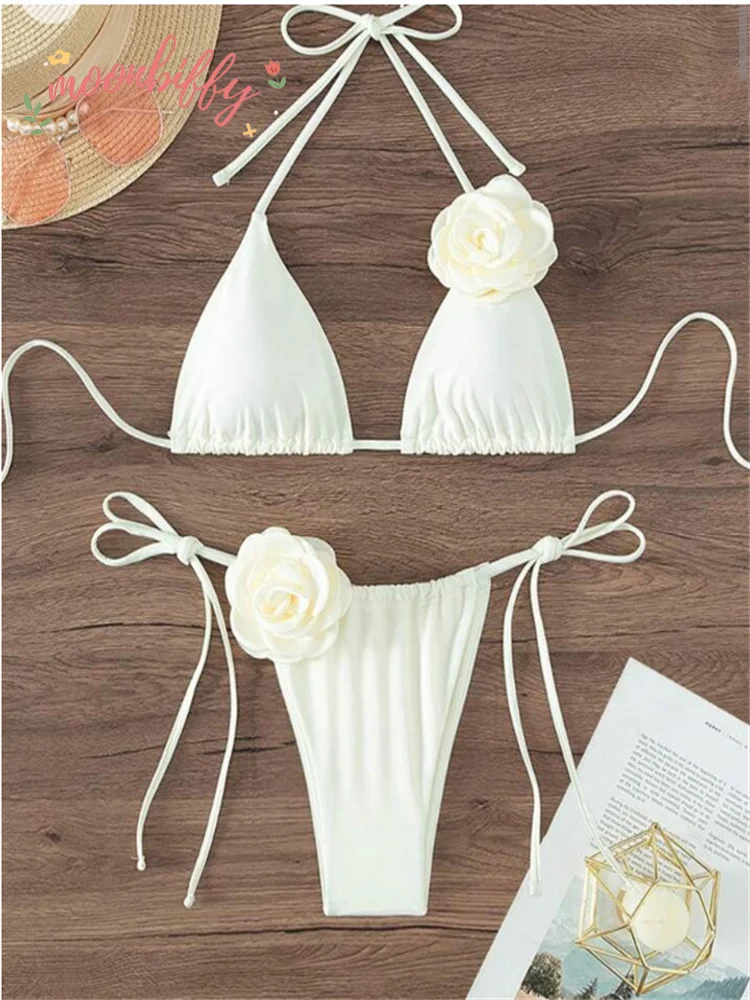 Sexy Bikini Set Damen Badeanzug Schwarz Weiß 3D Blumendruck Micro Bikinis Brasilianischer Ausschnitt Strand Badeanzug Tanga Bademode Image