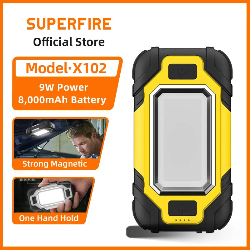 SUPERFIRE X102 Tragbare LED-Arbeitsleuchte mit doppelten starken Magneten, verstellbare wiederaufladbare Taschenlampe zum Aufladen von Mobiltelefonen