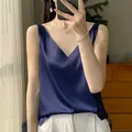 Raso di seta donna doppia spalla canotta canotta con scollo a v senza maniche Top t-shirt elegante