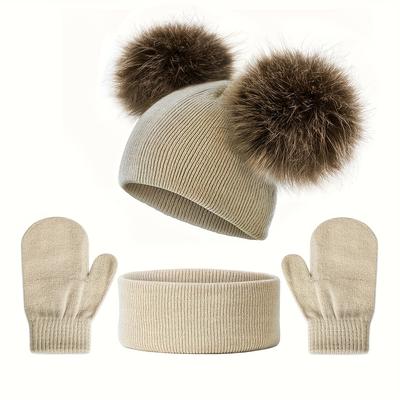 TEMU Cozy Knit Winter Set For 0-3 Years - Cute Hat, Scarf & Gloves Combo, Breathable & Stretchy, Casual Attire