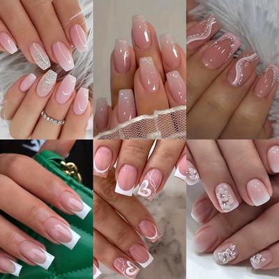 TEMU 144 Pieces Short Square Gentle Gradient All- White Fake Nail Finished Wear Nail Suitable For Women