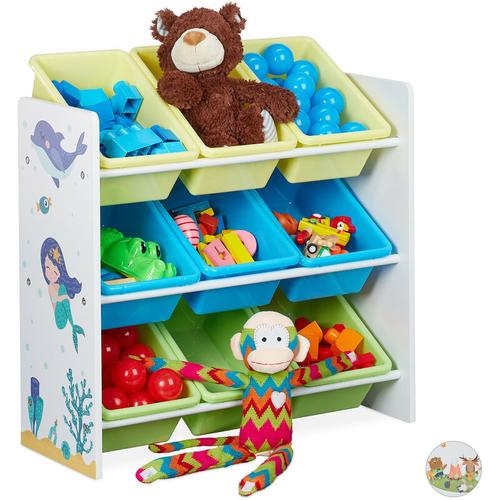 Kinderregal, 9 Aufbewahrungsboxen, Meerjungfrau Motiv, mdf, Kunststoff, Spielzeugregal hbt