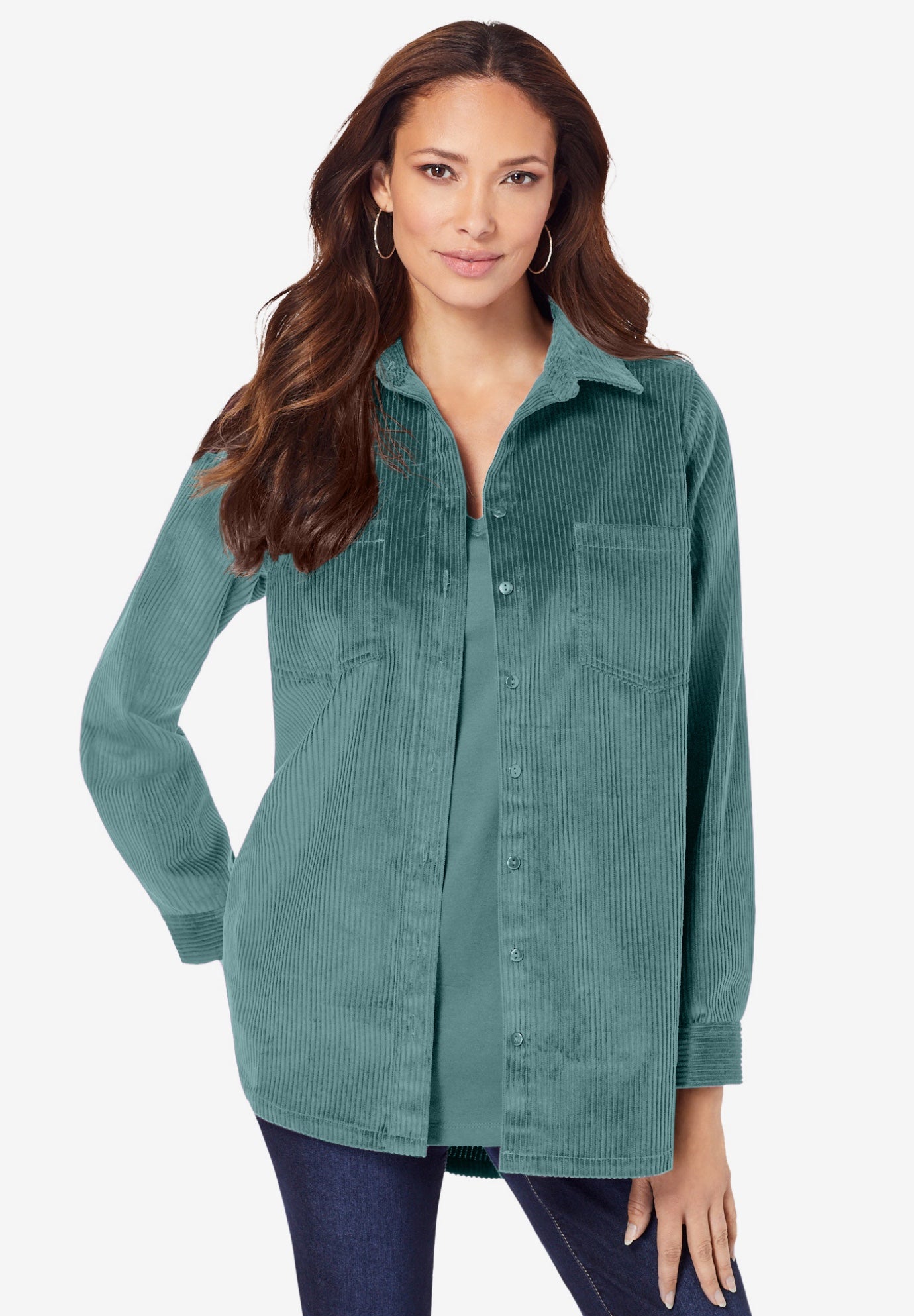 Plus Size Women's Corduroy Button-Front Shirt by Roaman's in Cool Sage (Size 44 W) Button Down