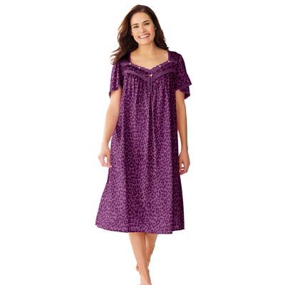 Plus Size Women's Short Silky Lace-Trim Gown by Only Necessities in Dark Berry Animal (Size 1X) Pajamas