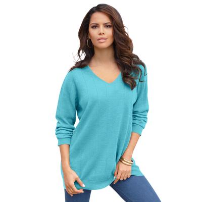 Plus Size Women's Fine Gauge Drop Needle V Neck Sweater by Roaman's in Soft Turquoise (Size 4X)