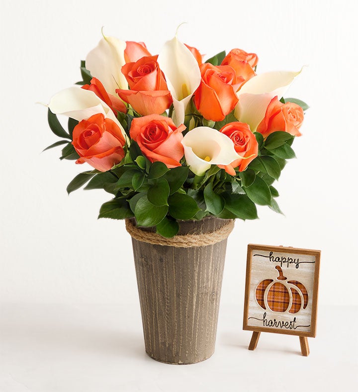 1-800-Flowers Flower Delivery Autumn Rose & Calla Lily Bouquet W/ Woodland Vase & Fall Décor Plaque