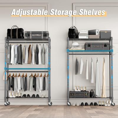 3 Shelves Heavy Duty Wire Shelving Clothing Rolling Rack, Lockable Wheels & Hanging Hooks, Max Load 450lbs