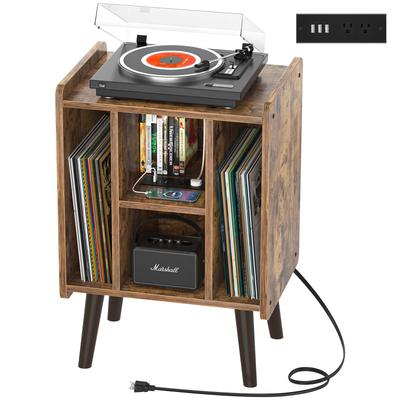 Record Player Stand, Vinyl Turntable Stand with Power Outlet and USB Charging Port, Sturdy Record Display Table with Storage