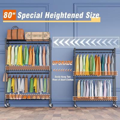 3 Shelves Heavy Duty Wire Shelving Clothing Rolling Rack, Lockable Wheels & Hanging Hooks, Max Load 450lbs