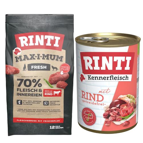 RINTI Mixpaket Hundefutter: 12kg Max-i-mum Rind Trockenfutter + 12x 400g Kennerfleisch Rind...