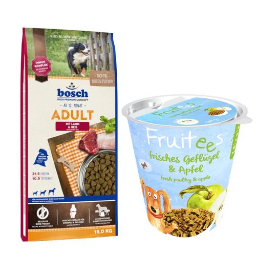 bosch Hund Mixpaket: 15kg Adult Lamm & Reis Trockenfutter & 3x 200g Fruitees Geflügel & Apfel Snacks