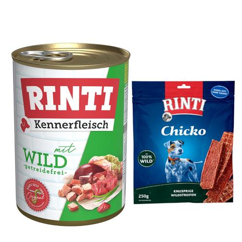 RINTI Mixpaket Hundefutter: 12x 400g Kennerfleisch Wild Nassfutter + 2x 250g Chicko Wild Snacks