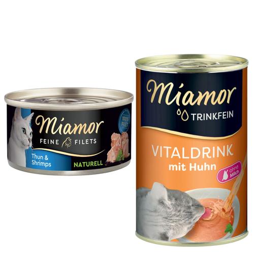 Miamor Mixpaket Katze: 12x 80g Feine Filets Naturelle Thunfisch & Shrimps Nassfutter + Trinkfein...