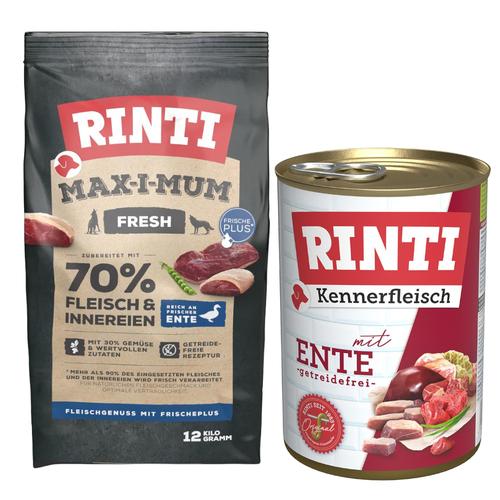 RINTI Mixpaket Hundefutter: 12kg Max-i-mum Ente Trockenfutter + 12x 400g Kennerfleisch Ente...