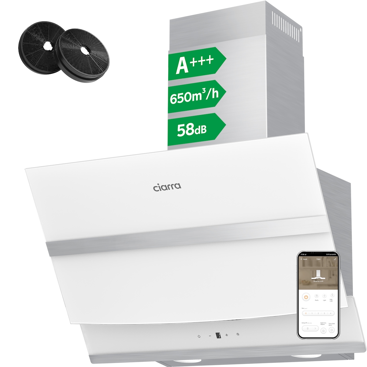 CIARRA A+++ 650 m³/h Dunstabzugshaube 60 cm Kopffreihaube WIFI + APP & Touch Control Booster VM6736NW Image