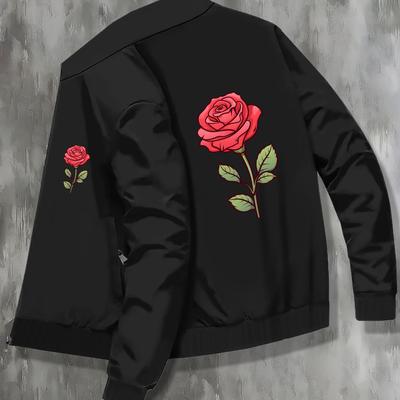 TEMU A Vivid Red Rose Print Men's Stand Collar Varsity Jackets, Casual Fashionable Lightweight College Style Jackets