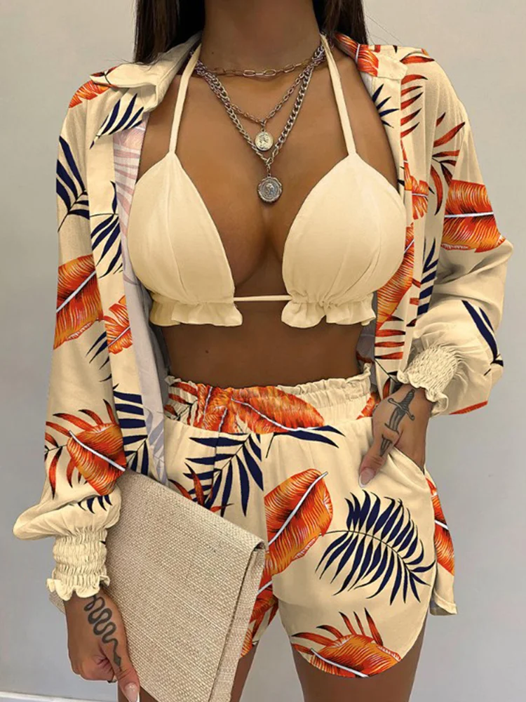Costumi da bagno a tre pezzi Costumi da bagno sexy 2024 Nuovo costume da bagno Pantaloncini Cover Up Estate Bikini a vita alta Set Stampa Costume da bagno da donna