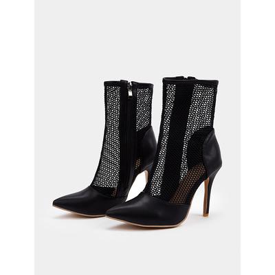 Women's Black Mesh Stiletto Ankle Boots with Pointed Toe and Zip Closure - Sexy High Heel Booties for Evening Events and Parties