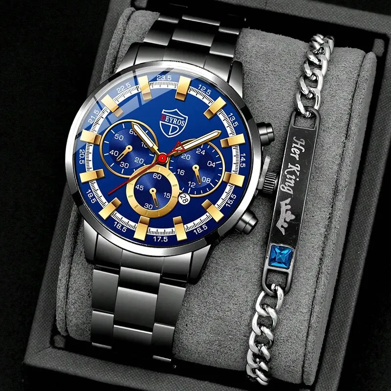 DEYROS 2-teiliges luxuriöses schwarzes Quarzuhr- und Armbanduhr-Set für Herren, Business-Mode, runder Kalender, Uhrenset Image