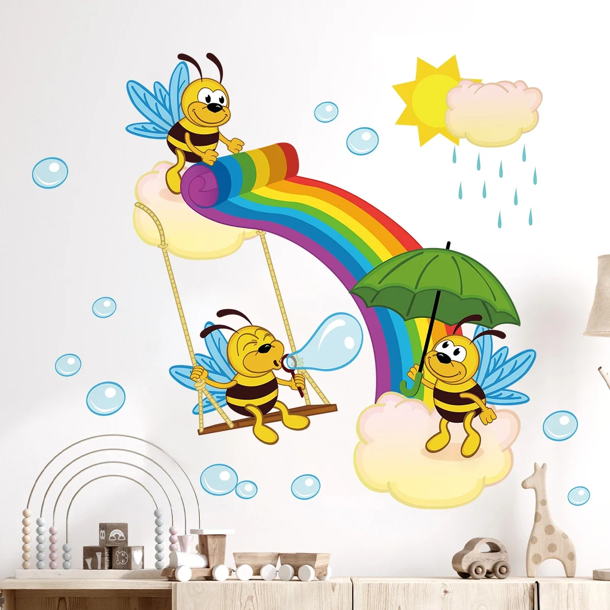 1Pc Cartoon Regenbogen Nette Bienen Wand Aufkleber Schlafzimmer Dekoration für Wohnkultur Kinder Baby Zimmer Wohnzimmer Wand Aufkleber möbel Image