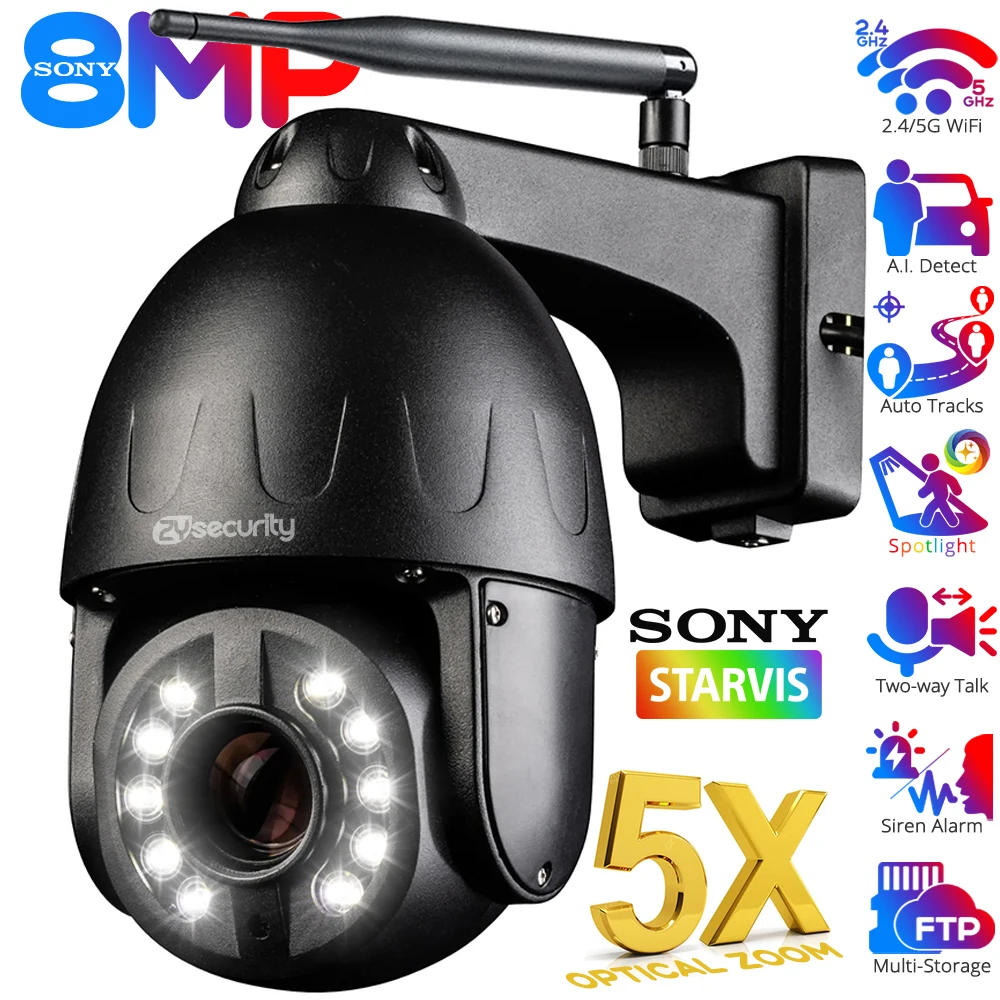 4K 8mp WiFi PTZ IP Kamera 5x optischer Zoom Überwachungskamera Autoverfolgung Onvif H.265 Farbe Nigh Vision Zwei-Wege-Audio SD -Kartensteckplatz CCTV -Überwachungskamera Camhi App Image