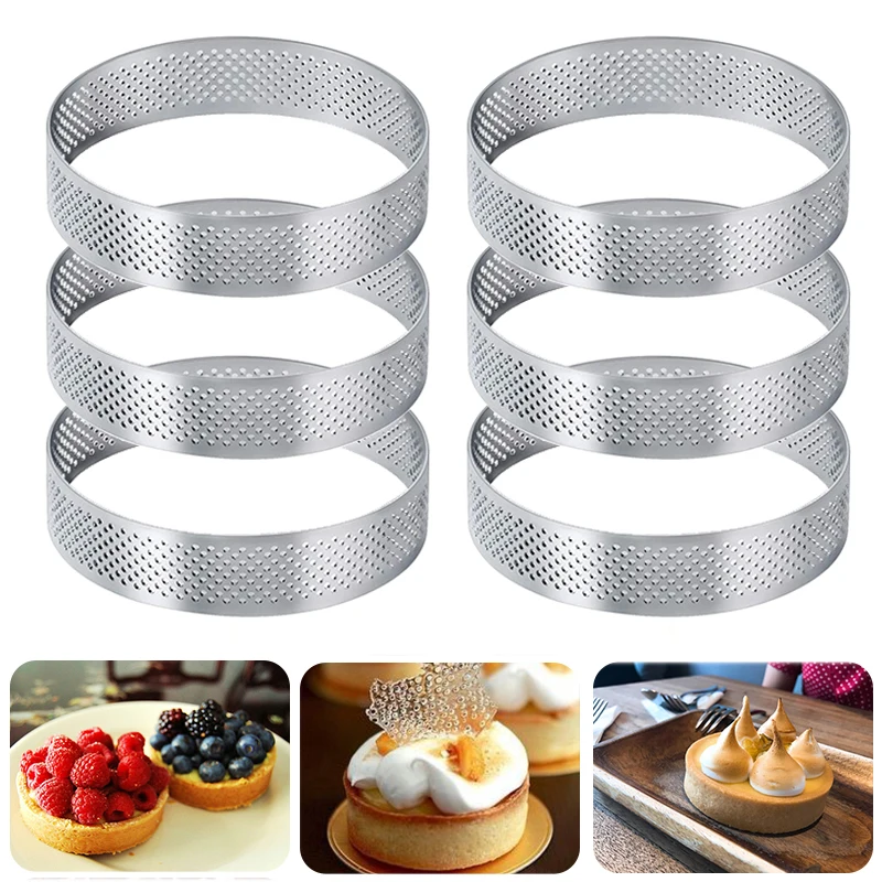 /6pcs kreisförmige Torte Ring Edelstahl Törtchen form perforierte Obst kuchen Quiche Kuchen Mousse Form Küche Gebäck Backform Image