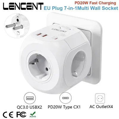 Lencent eu stecker wand steckdosen verlängerung mit 4 ac qc3.0 usbx2 1 typ c pd20w schnell lade adapter 7-in-1 steckdose ein/aus schalter Image