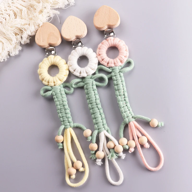 Baby Buche Holz Liebe Stil Schnuller Clip hand gefertigte gewebte Baumwolle Schnuller Nippel Kette für Baby Pflege Beißring Kau spielzeug Geschenk Image