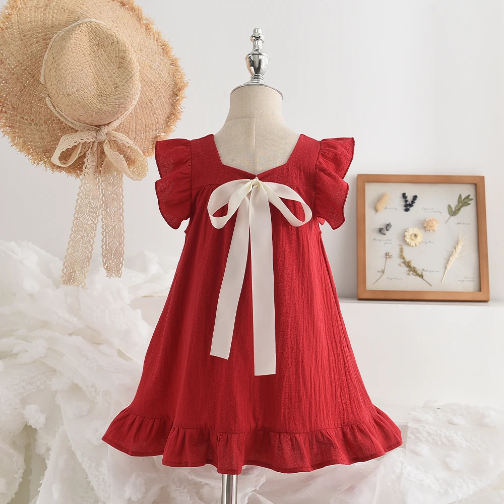 Sommer Mädchen Kleider Fliegende Ärmel Kleid Lässige Rüschen Kleider Solide Zurück Bowknot A-linie Baby Kleider Kinder Kleidung Image