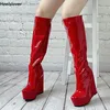 Ahhlsion Handgemachte Frauen Winter Shiny Knie Stiefel Keile Heels Runde Kappe Herrliche Rote Rosa Cosplay Schuhe Damen UNS Größe 5-20