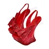 Rote Strass-Bogenknoten-Plateau-Sandalen, seltsamer Stil, Absätze, Schuhe für Frauen, Peep-Toe, sexy