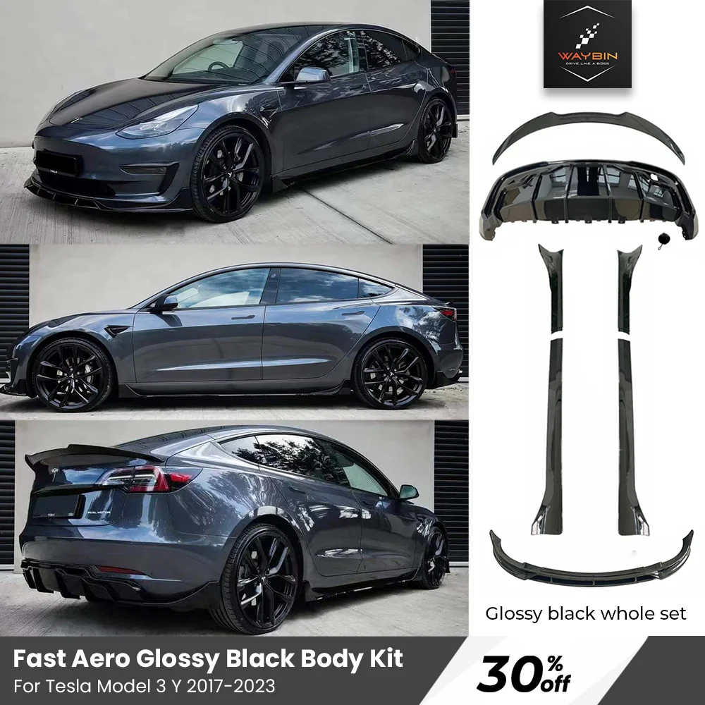 Ganzkörper-Kits 2024, glänzend schwarz, schnell, Aero-Stoßstangenlippe, Diffusor hinten, Sdie-Röcke, Spoiler-Tuning für Tesla Model 3 Y 2017–2024 Image
