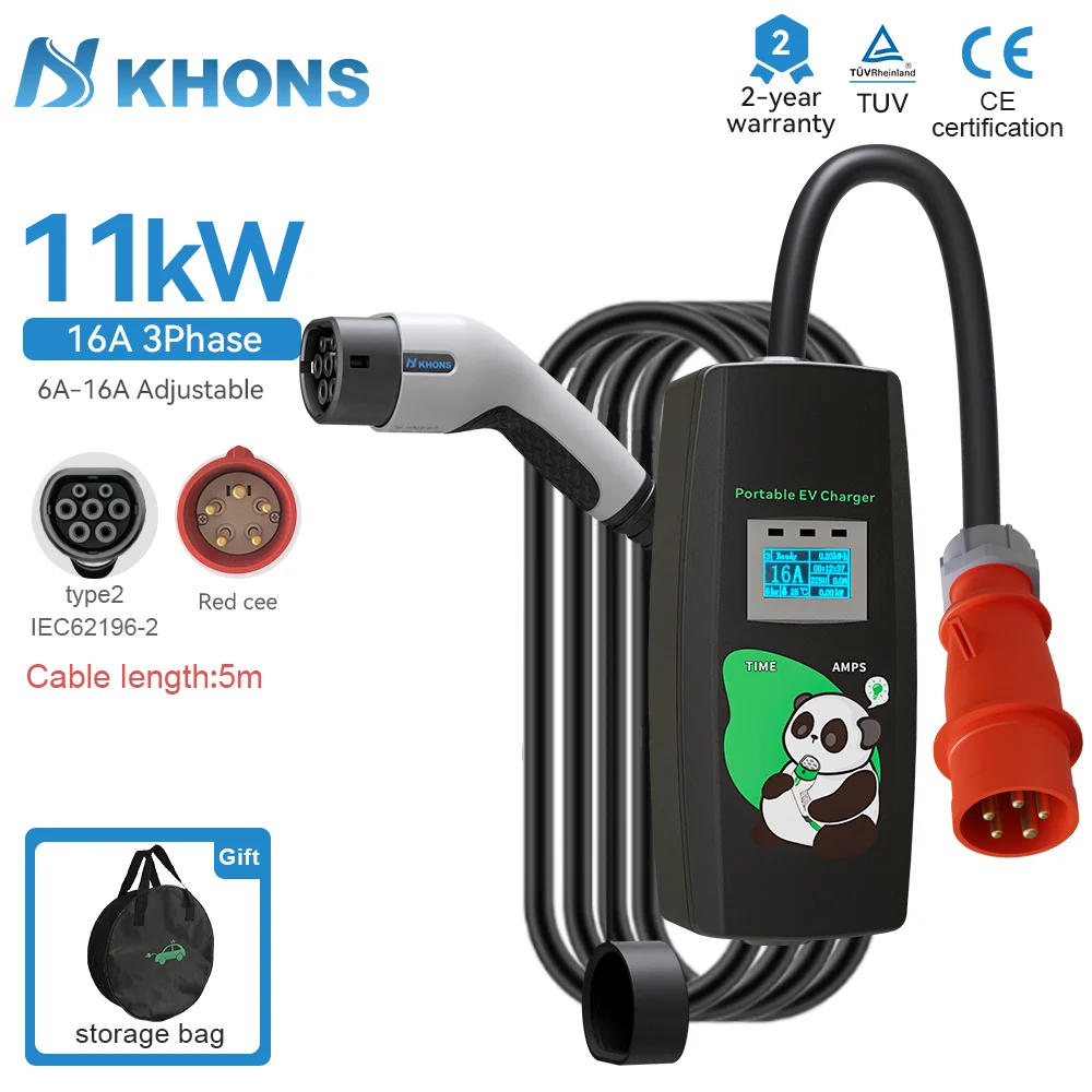 Khons Elektroauto-Ladegerät, 3 Phasen, 16 A, tragbares Ladegerät, Typ 2 EVSE, Ladebox, Cee-Stecker, IEC62196, Elektroauto-Ladegerät Image