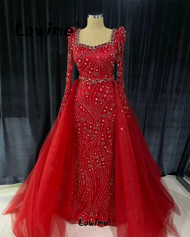 Roben de Soirée rot elegante Abendkleider Dubai lange Ärmel arabische abnehmbare Rock Meerjungfrau Party kleider formelle Anlass Kleid