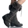 Graues Fell Dekor Fleece Flock Stiefel runde Zehen Schnürung Keile Absätze Frauen Schuhe britischen